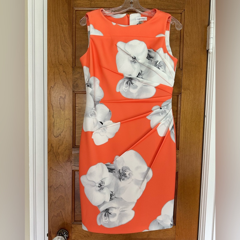 Calvin Klein Orange Pleated Sheath Dress Midi